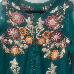 Green dress with bright embroidery, Pakistani / Indian semi formal dress